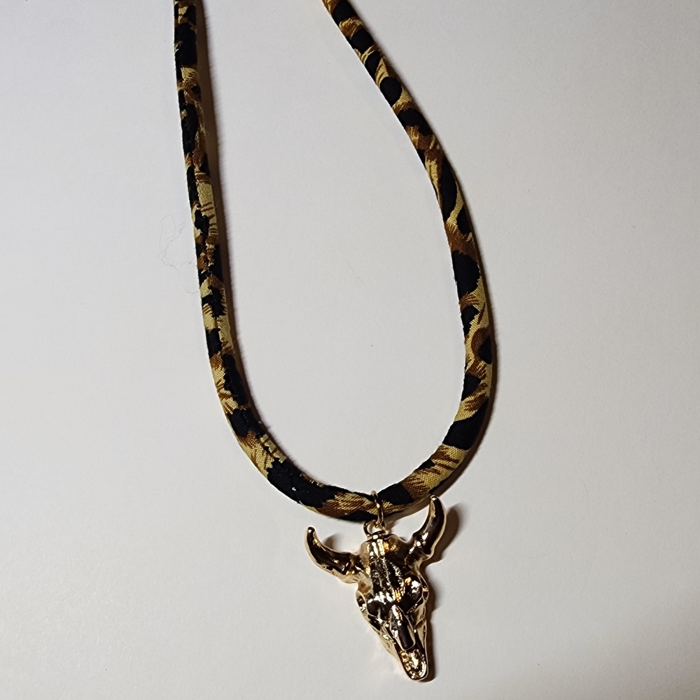 Leopard Print Necklace with Gold Bull Pendant